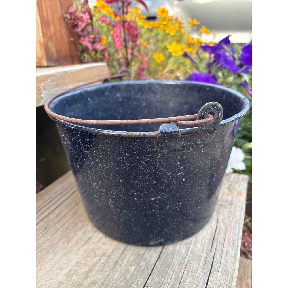 Vintage Cobalt Blue Speckled Enamelware Farmhouse Wire Handle Berry Pail 6 inch